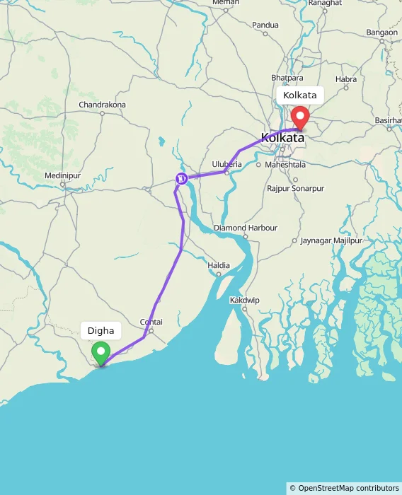Route map showing distance and travel time from Digha, India to Kolkata, India