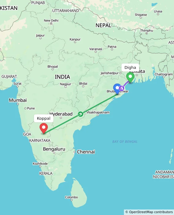 Route map showing distance and travel time from Digha, India to Koppal, India