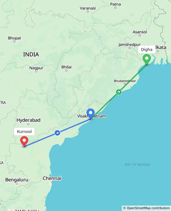 Route map showing distance and travel time from Digha, India to Kurnool, India