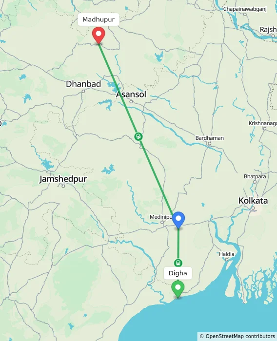 Route map showing distance and travel time from Digha, India to Madhupur, India