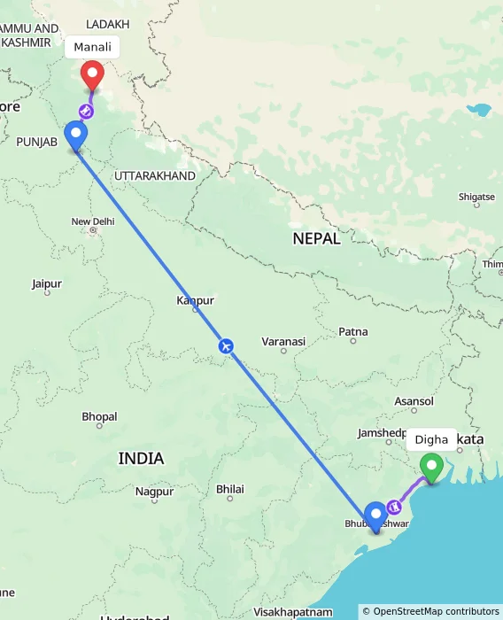 Route map showing distance and travel time from Digha, India to Manali, India