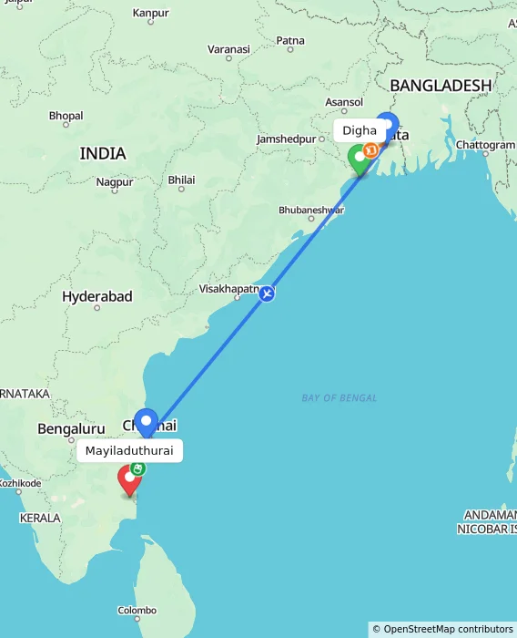Route map showing distance and travel time from Digha, India to Mayiladuthurai, India