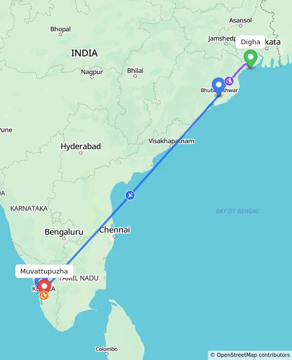 Route map showing distance and travel time from Digha, India to Muvattupuzha, India