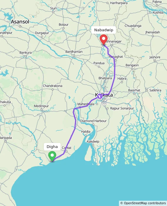 Route map showing distance and travel time from Digha, India to Nabadwip, India