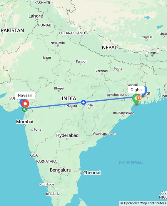 Route map showing distance and travel time from Digha, India to Navsari, India