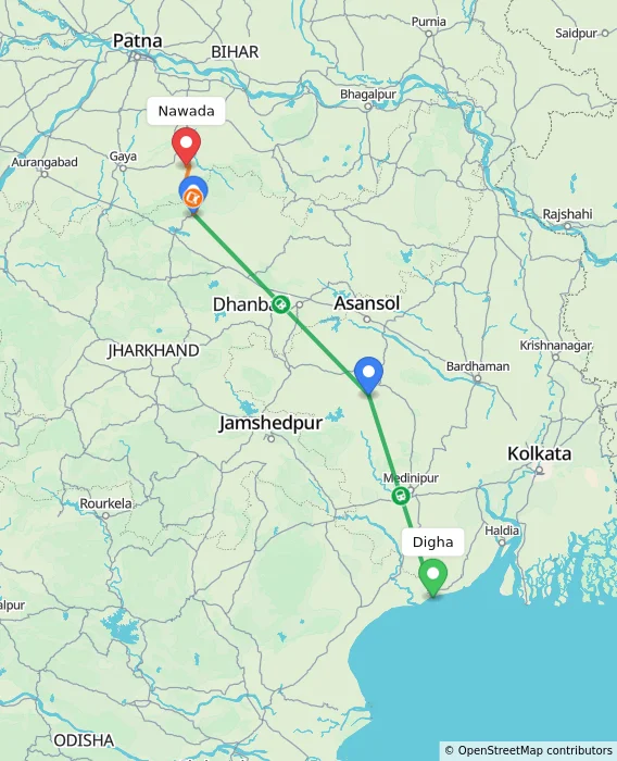 Route map showing distance and travel time from Digha, India to Nawada, India