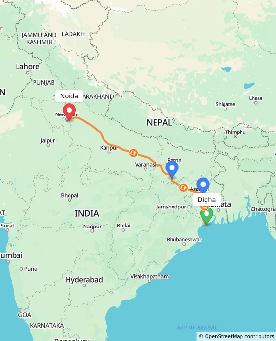 Route map showing distance and travel time from Digha, India to Noida, India