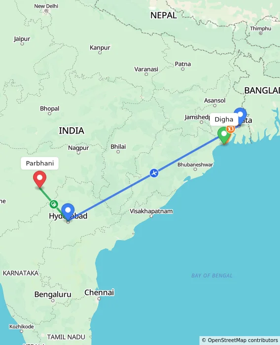 Route map showing distance and travel time from Digha, India to Parbhani, India
