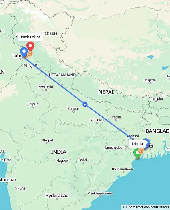 Route map showing distance and travel time from Digha, India to Pathankot, India