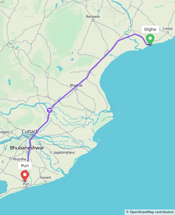 Route map showing distance and travel time from Digha, India to Puri, India