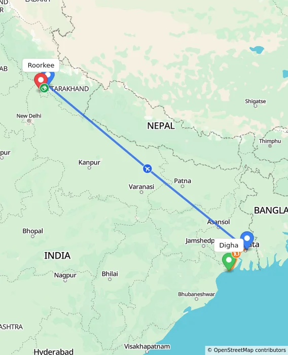 Route map showing distance and travel time from Digha, India to Roorkee, India