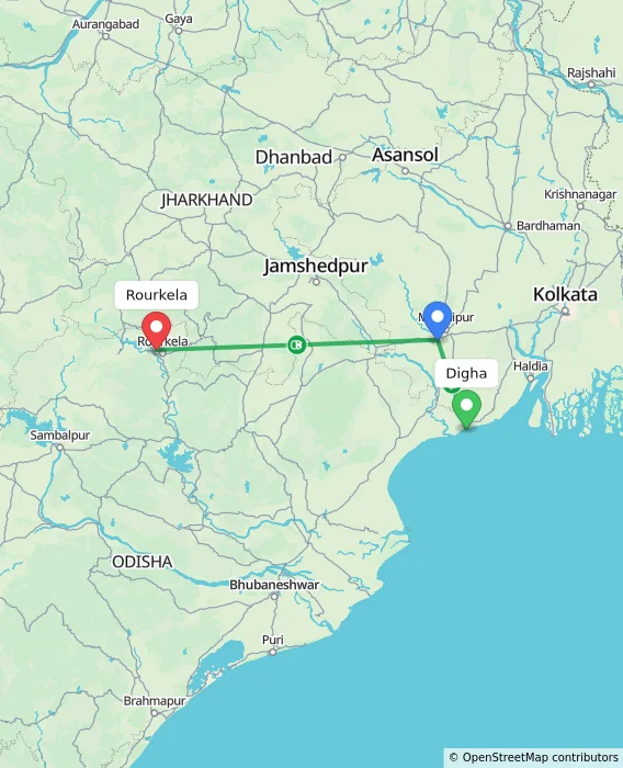 Route map showing distance and travel time from Digha, India to Rourkela, India