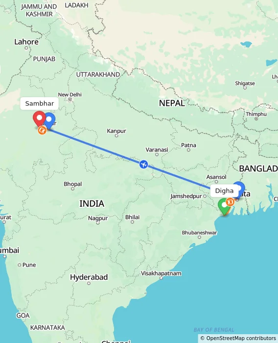 Route map showing distance and travel time from Digha, India to Sambhar, India