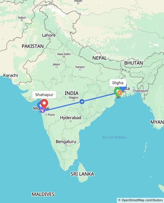 Route map showing distance and travel time from Digha, India to Shahapur, India