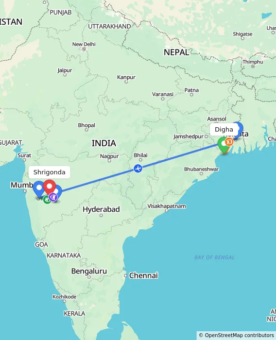 Route map showing distance and travel time from Digha, India to Shrigonda, India