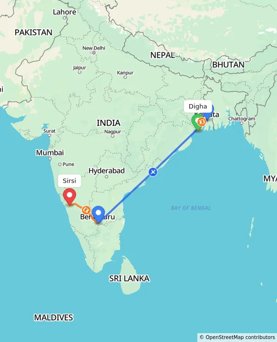 Route map showing distance and travel time from Digha, India to Sirsi, India