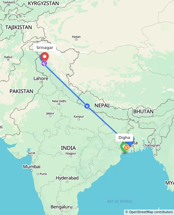 Route map showing distance and travel time from Digha, India to Srinagar, India