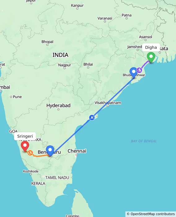 Route map showing distance and travel time from Digha, India to Sringeri, India