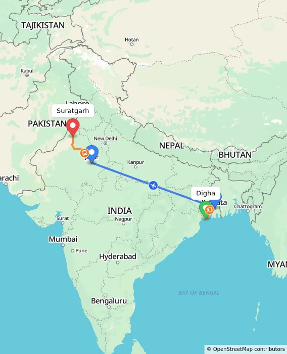 Route map showing distance and travel time from Digha, India to Suratgarh, India
