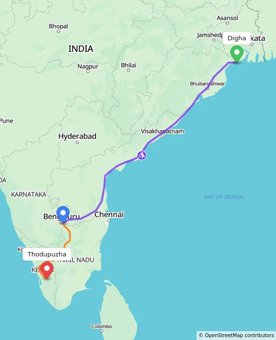 Route map showing distance and travel time from Digha, India to Thodupuzha, India