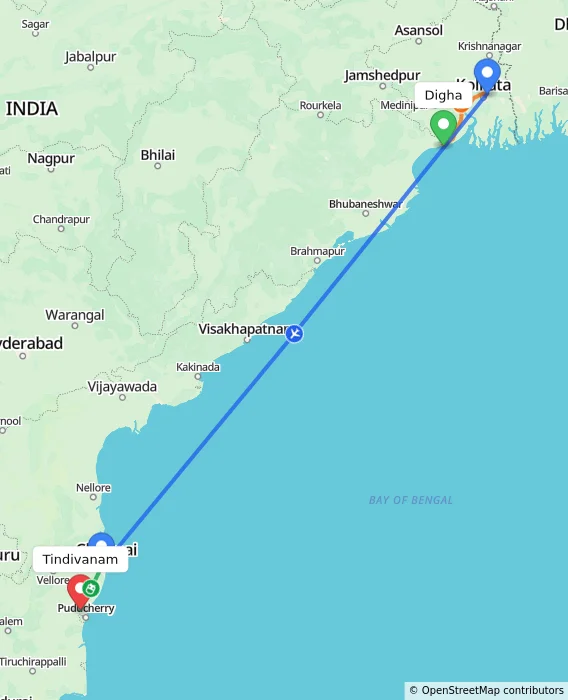 Route map showing distance and travel time from Digha, India to Tindivanam, India