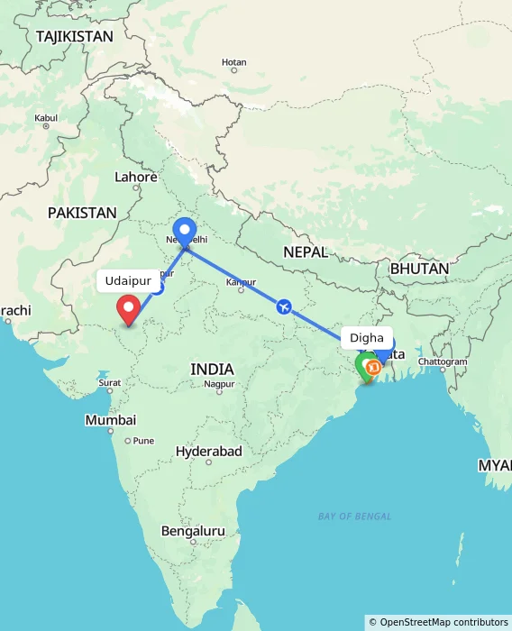 Route map showing distance and travel time from Digha, India to Udaipur, India