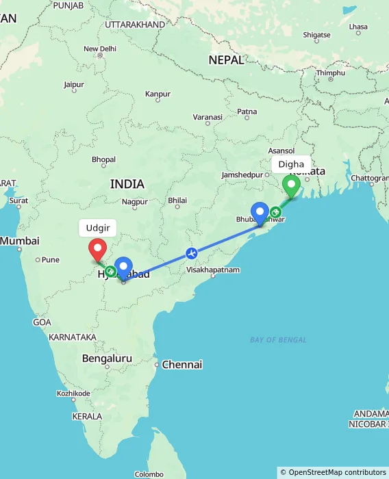 Route map showing distance and travel time from Digha, India to Udgir, India