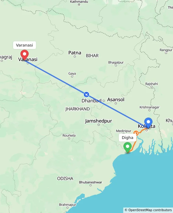 Route map showing distance and travel time from Digha, India to Varanasi, India