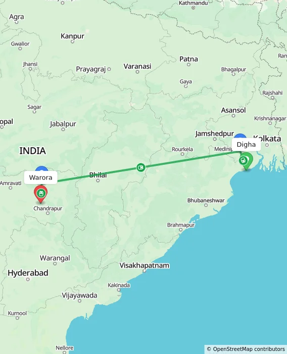 Route map showing distance and travel time from Digha, India to Warora, India