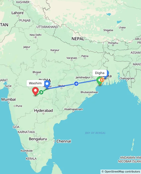 Route map showing distance and travel time from Digha, India to Washim, India