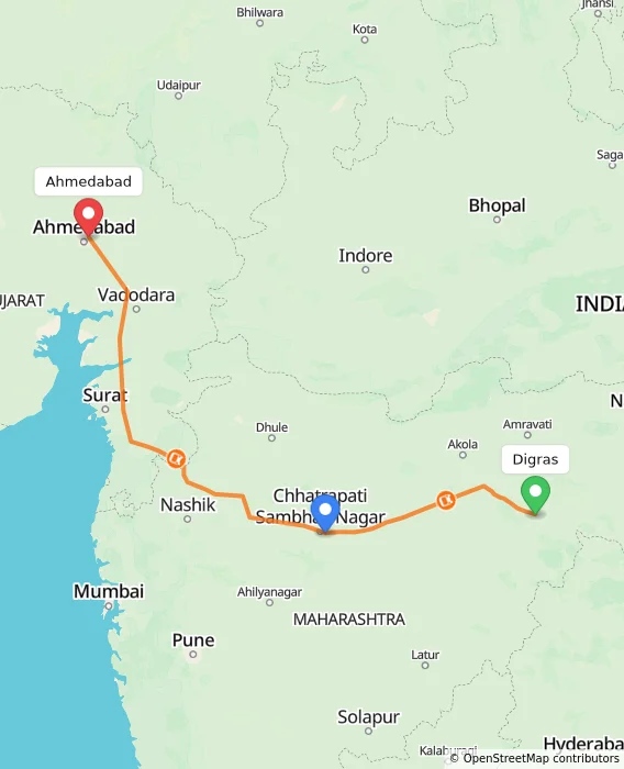 Route map showing distance and travel time from Digras, India to Ahmedabad, India