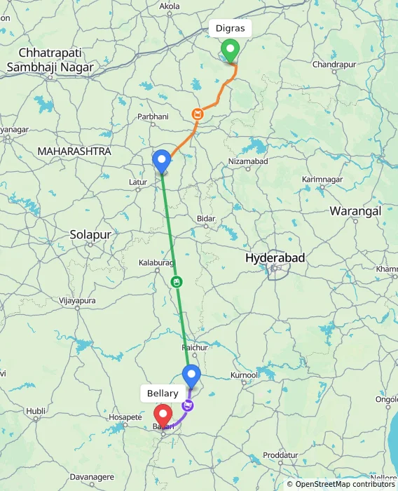 Route map showing distance and travel time from Digras, India to Bellary, India