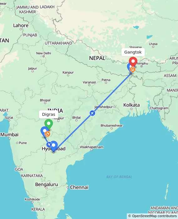 Route map showing distance and travel time from Digras, India to Gangtok, India
