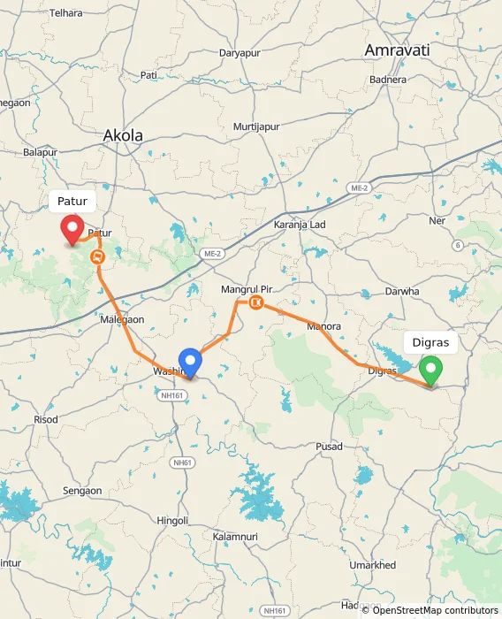 Route map showing distance and travel time from Digras, India to Patur, India