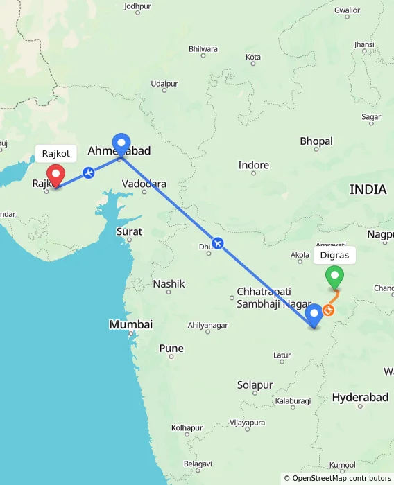 Route map showing distance and travel time from Digras, India to Rajkot, India