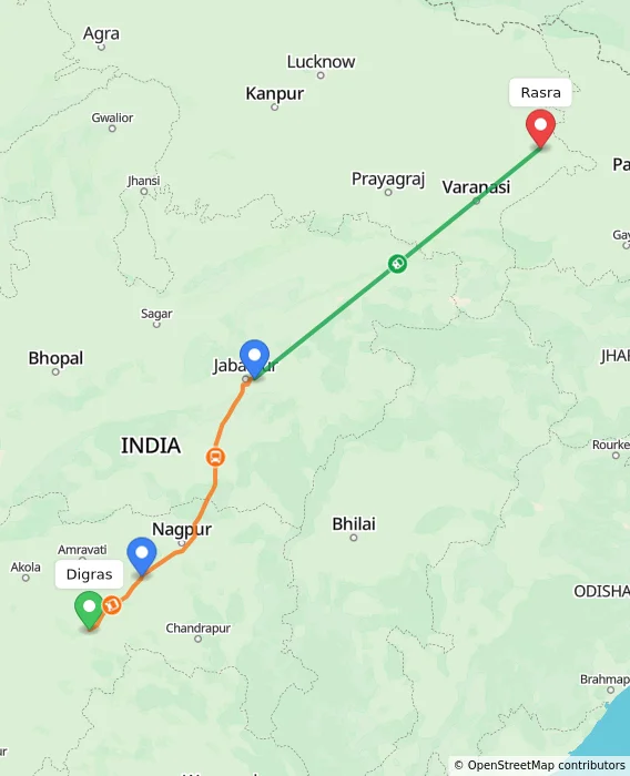 Route map showing distance and travel time from Digras, India to Rasra, India