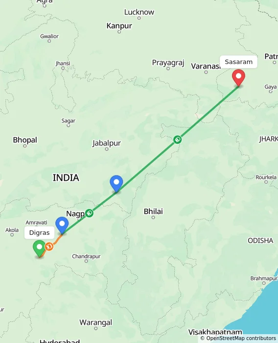 Route map showing distance and travel time from Digras, India to Sasaram, India