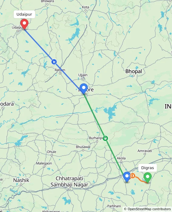 Route map showing distance and travel time from Digras, India to Udaipur, India