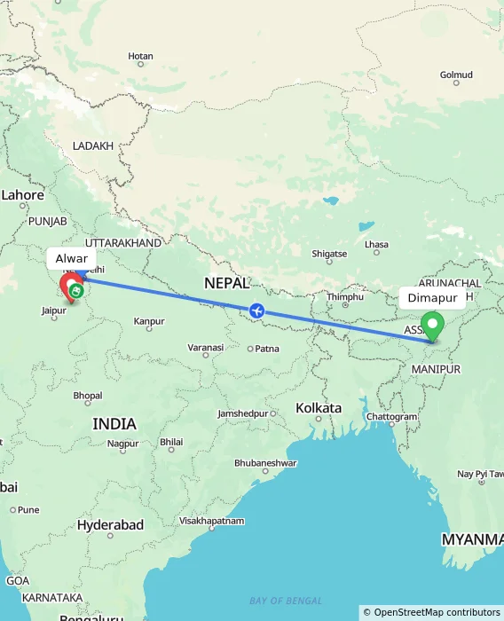 Route map showing distance and travel time from Dimapur, India to Alwar, India