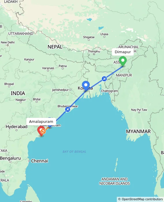Route map showing distance and travel time from Dimapur, India to Amalapuram, India