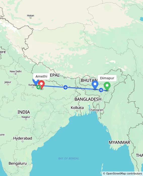 Route map showing distance and travel time from Dimapur, India to Amethi, India