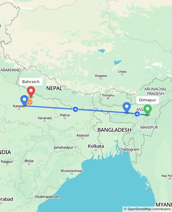 Route map showing distance and travel time from Dimapur, India to Bahraich, India