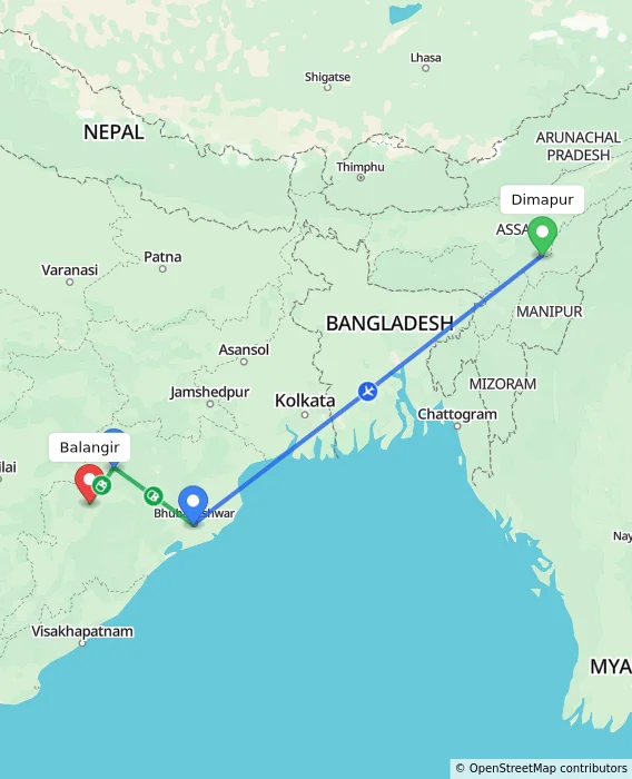 Route map showing distance and travel time from Dimapur, India to Balangir, India