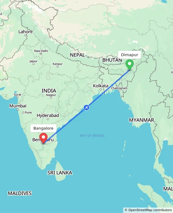 Route map showing distance and travel time from Dimapur, India to Bangalore, India