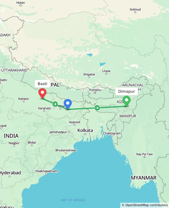 Route map showing distance and travel time from Dimapur, India to Basti, India