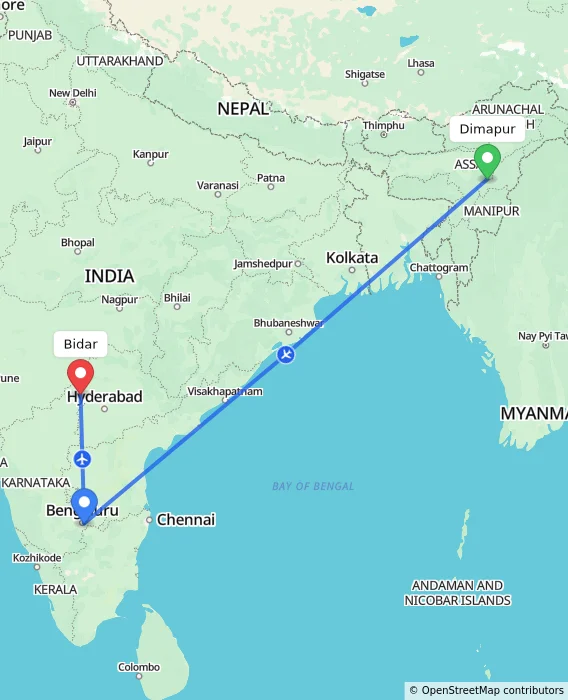 Route map showing distance and travel time from Dimapur, India to Bidar, India