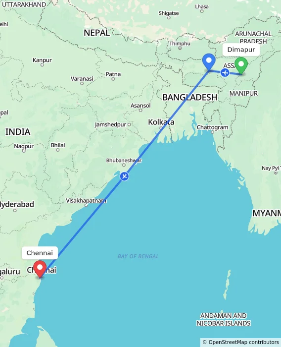 Route map showing distance and travel time from Dimapur, India to Chennai, India