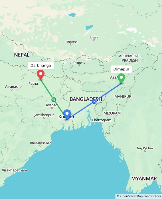 Route map showing distance and travel time from Dimapur, India to Darbhanga, India