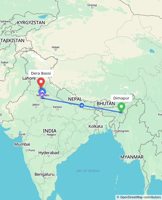 Route map showing distance and travel time from Dimapur, India to Dera Bassi, India
