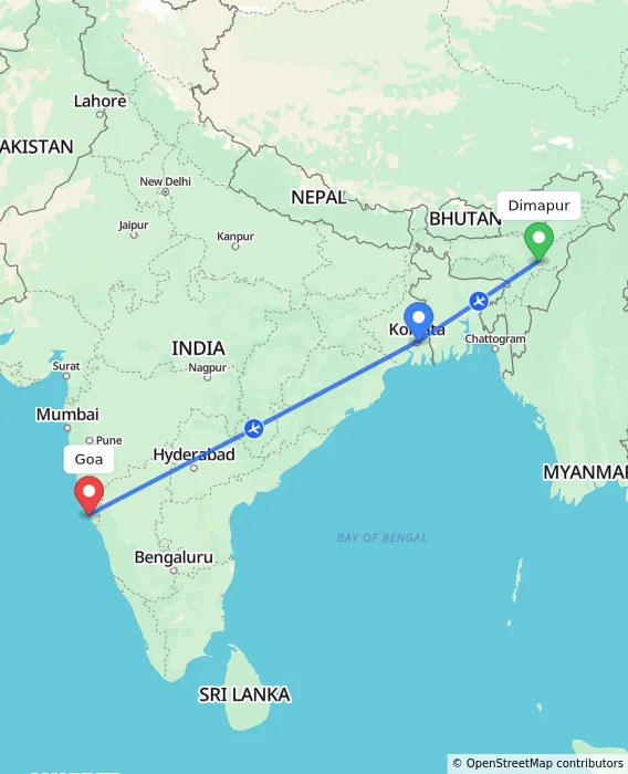 Route map showing distance and travel time from Dimapur, India to Goa, India